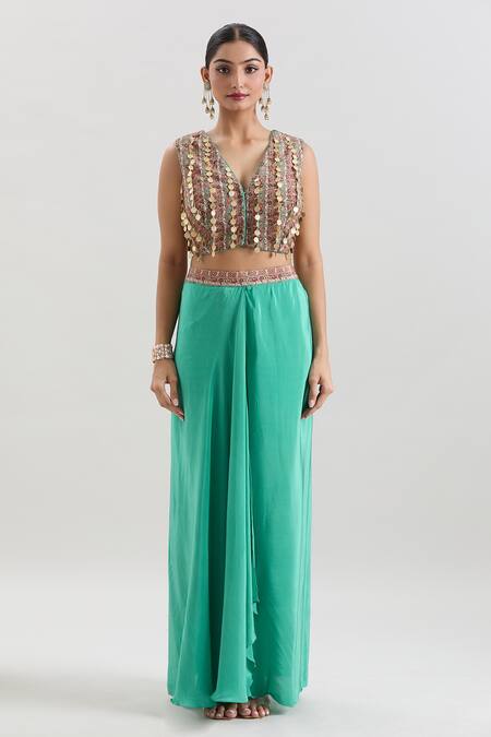 Shop Basanti - Kapde Aur Koffee Green Crepe Sequins, Lace, Embroidery Floral Print Cape And Draped Skirt Set Online at Aza Fashions Shop_Basanti - Kapde Aur Koffee_Green Crepe Sequins, Lace, Embroidery Floral Print Cape And Draped Skirt Set_Online_at_Aza_Fashions