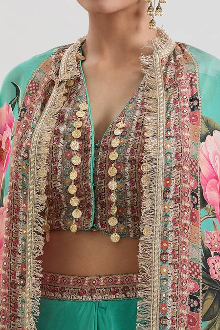 Basanti - Kapde Aur Koffee Green Crepe Sequins, Lace, Embroidery Floral Print Cape And Draped Skirt Set at Aza Fashions Basanti - Kapde Aur Koffee_Green Crepe Sequins, Lace, Embroidery Floral Print Cape And Draped Skirt Set_at_Aza_Fashions