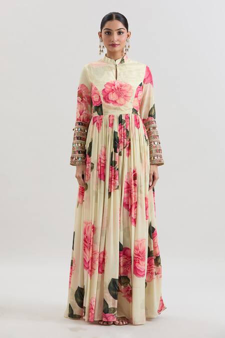 Basanti - Kapde Aur Koffee_Ivory Crepe Sequins, Embroidery Mandarin Floral Print Anarkali With Dupatta_Online_at_Aza_Fashions