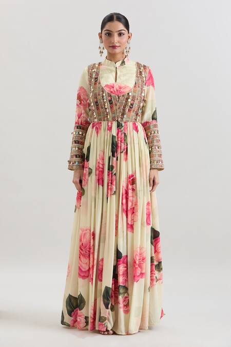 Buy_Basanti - Kapde Aur Koffee_Ivory Crepe Sequins, Embroidery Mandarin Floral Print Anarkali With Dupatta_Online_at_Aza_Fashions
