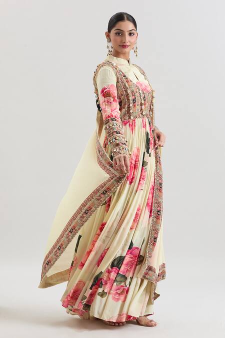 Shop_Basanti - Kapde Aur Koffee_Ivory Crepe Sequins, Embroidery Mandarin Floral Print Anarkali With Dupatta_Online_at_Aza_Fashions