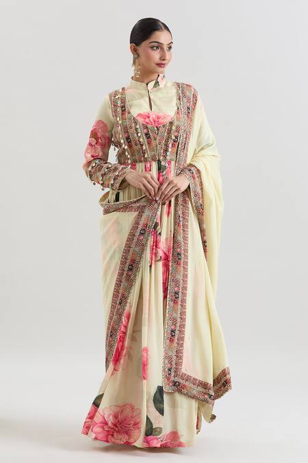 Basanti - Kapde Aur Koffee_Ivory Crepe Sequins, Embroidery Mandarin Floral Print Anarkali With Dupatta_at_Aza_Fashions