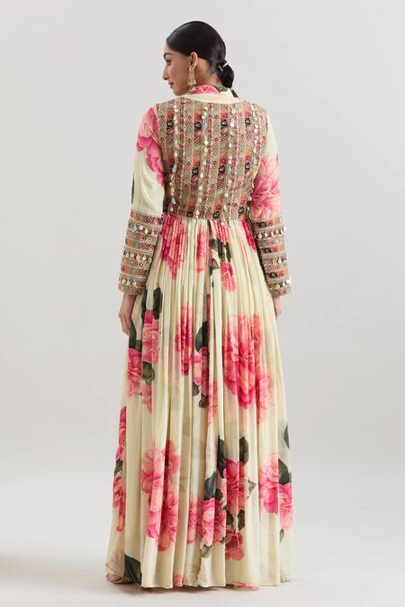 Shop_Basanti - Kapde Aur Koffee_Ivory Crepe Sequins, Embroidery Mandarin Floral Print Anarkali With Dupatta