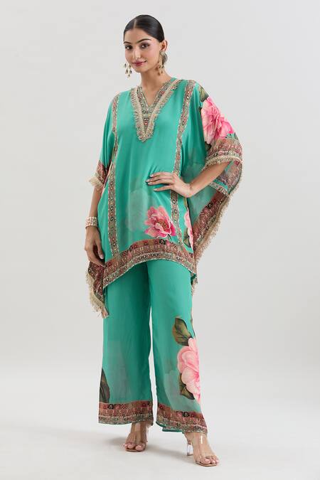 Shop Basanti - Kapde Aur Koffee Green Crepe Embroidery, Sequins V-neck Floral Print Kurta And Pant Co-ord Set Online at Aza Fashions Shop_Basanti - Kapde Aur Koffee_Green Crepe Embroidery, Sequins V-neck Floral Print Kurta And Pant Co-ord Set_Online_at_Aza_Fashions