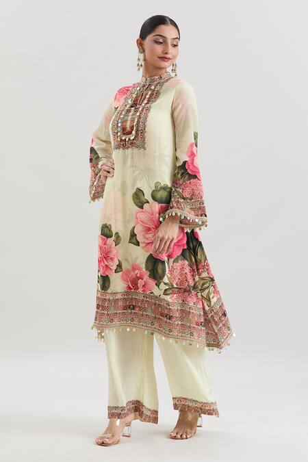 Buy Basanti - Kapde Aur Koffee Ivory Crepe Sequins, Embroidery Bandeau Floral Print Straight Kurta And Pant Set Online at Aza Fashions Buy_Basanti - Kapde Aur Koffee_Ivory Crepe Sequins, Embroidery Bandeau Floral Print Straight Kurta And Pant Set_Online_at_Aza_Fashions