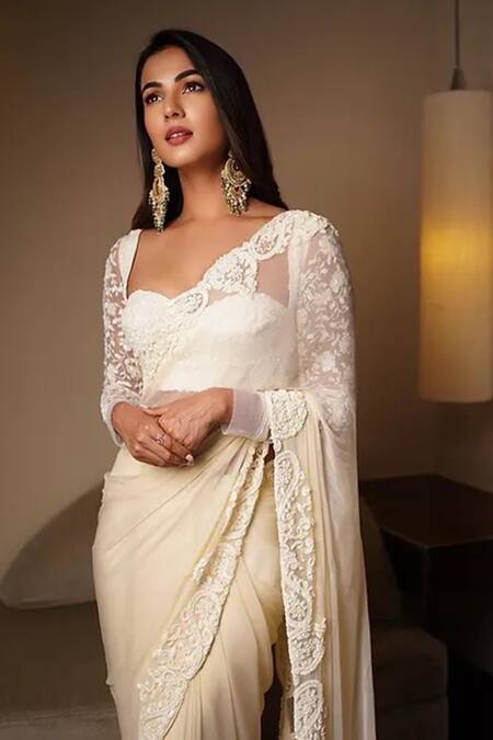 Shop Premya By Manishii Ivory Tulle, Chiffon Embroidery Sweetheart Neck Saree With Floral Blouse Shop_Premya By Manishii_Ivory Tulle, Chiffon Embroidery Sweetheart Neck Saree With Floral Blouse