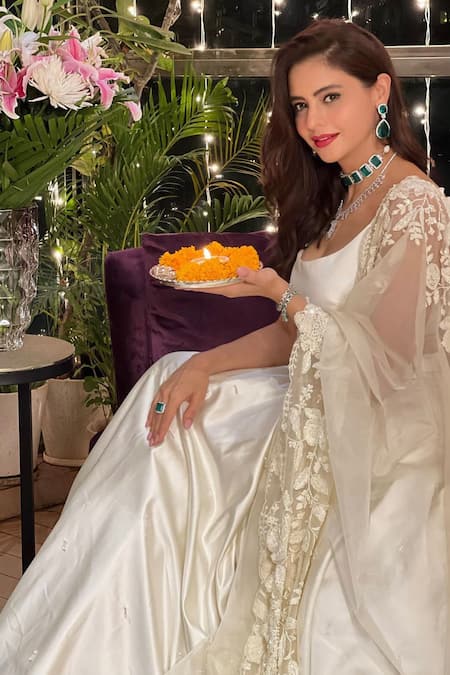 Shop_Premya By Manishii_Ivory Organza, Satin Sequins, Embroidery Round Neck Lehenga Set With Dupatta _Online_at_Aza_Fashions