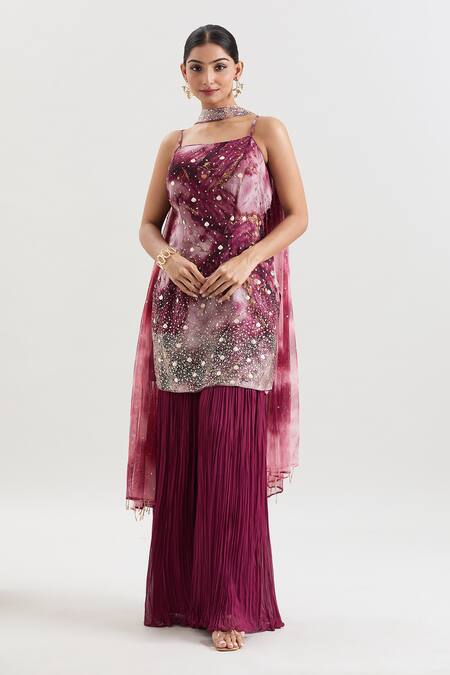 Shop_Basanti - Kapde Aur Koffee_Wine Organza Sequins, Stones Square Neck Embroidered Kurta Sharara Set_Online_at_Aza_Fashions