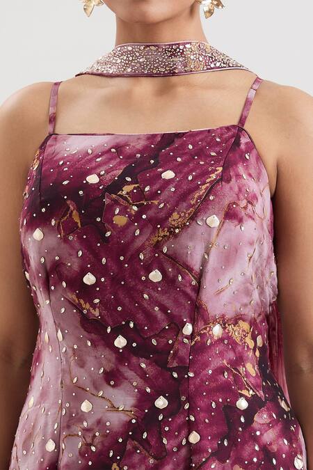 Basanti - Kapde Aur Koffee_Wine Organza Sequins, Stones Square Neck Embroidered Kurta Sharara Set_at_Aza_Fashions