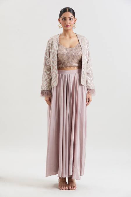 Basanti - Kapde Aur Koffee X AZA_Purple Crepe Sequins, Cut Work Scoop Neck, Round Embroidered Jacket And Skirt Set _at_Aza_Fashions