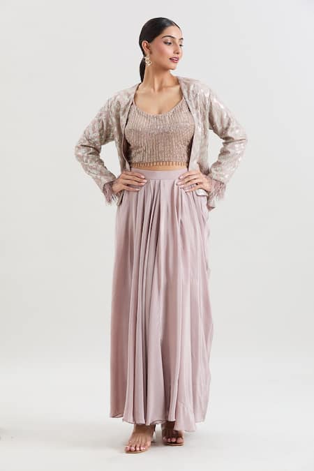 Buy_Basanti - Kapde Aur Koffee X AZA_Purple Crepe Sequins, Cut Work Scoop Neck, Round Embroidered Jacket And Skirt Set 