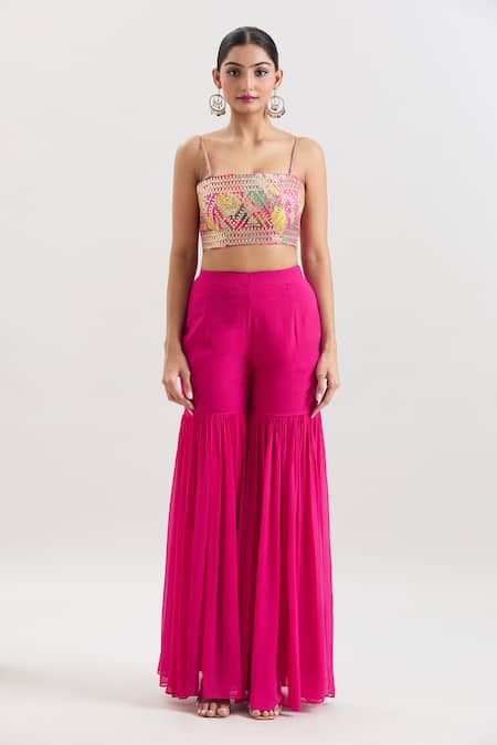 Buy_Basanti - Kapde Aur Koffee_Pink Organza Gota Patti Floral Print Jacket And Sharara Set_Online_at_Aza_Fashions