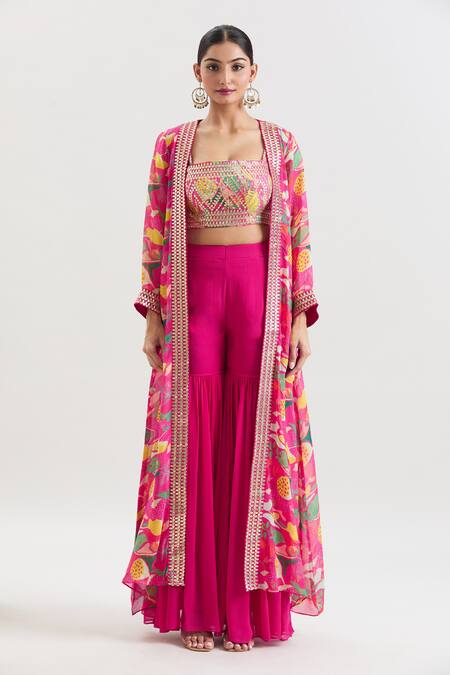 Shop_Basanti - Kapde Aur Koffee_Pink Organza Gota Patti Floral Print Jacket And Sharara Set_Online_at_Aza_Fashions