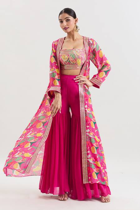Basanti - Kapde Aur Koffee_Pink Organza Gota Patti Floral Print Jacket And Sharara Set_at_Aza_Fashions