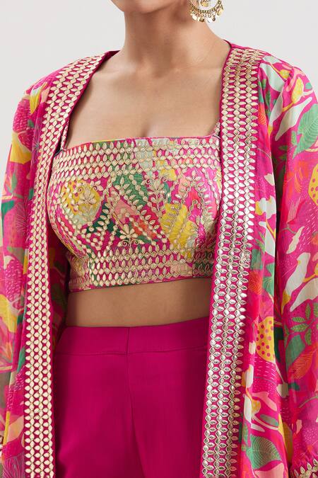 Buy_Basanti - Kapde Aur Koffee_Pink Organza Gota Patti Floral Print Jacket And Sharara Set