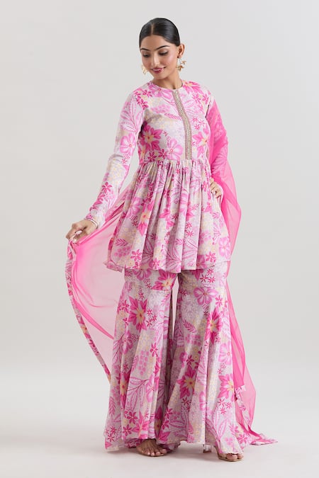 Shop_Basanti - Kapde Aur Koffee X AZA_Pink Chiffon Embroidery, Sequins Round Floral Print Short Anarkali Sharara Set _Online_at_Aza_Fashions