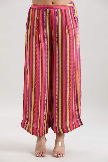 Buy_Basanti - Kapde Aur Koffee_Red Chiffon Tassels, Embroidery V-neck Printed Kurta And Striped Pant Set_Online_at_Aza_Fashions