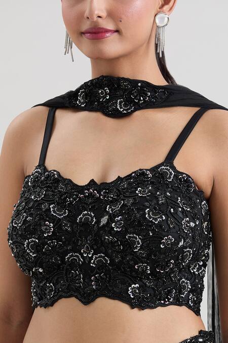 Shop_Basanti - Kapde Aur Koffee_Black Georgette Sequins, Cut Work, Beads Floral Embroidered Blouse Lehenga Set_Online_at_Aza_Fashions