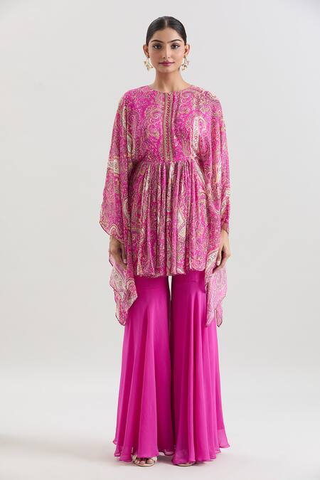 Basanti - Kapde Aur Koffee_Pink Georgette Sequins Round Neck Paisley Print Gathered Tunic And Sharara Set_Online_at_Aza_Fashions