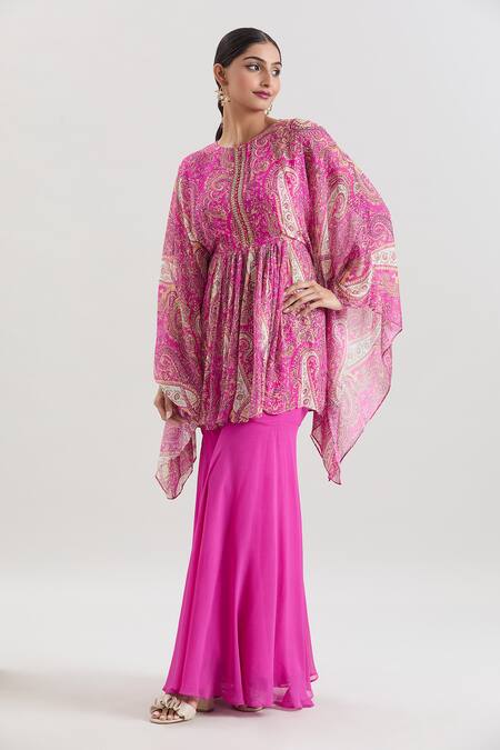 Buy_Basanti - Kapde Aur Koffee_Pink Georgette Sequins Round Neck Paisley Print Gathered Tunic And Sharara Set_Online_at_Aza_Fashions