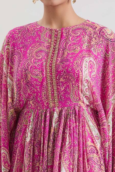 Shop_Basanti - Kapde Aur Koffee_Pink Georgette Sequins Round Neck Paisley Print Gathered Tunic And Sharara Set_Online_at_Aza_Fashions