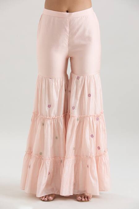 Shop_Basanti - Kapde Aur Koffee_Pink Chanderi Embroidery Split V-neck Floral Kurta Sharara Set_Online_at_Aza_Fashions