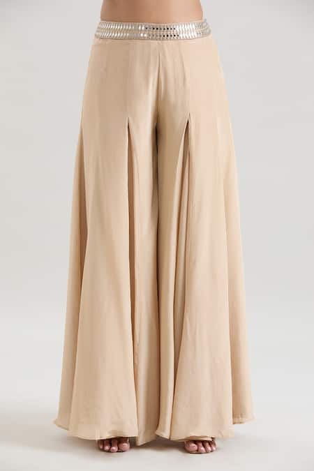 Basanti - Kapde Aur Koffee_Beige Silk Mirrors Scoop , Round Embroidered Cropped Jacket Sharara Set_Online_at_Aza_Fashions