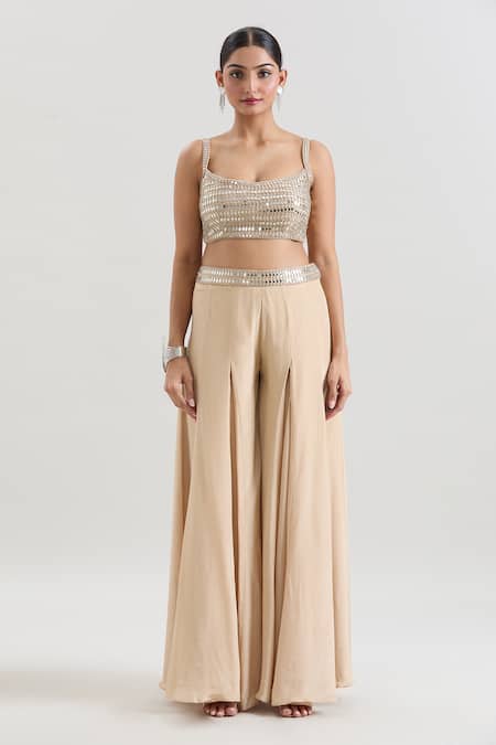 Buy_Basanti - Kapde Aur Koffee_Beige Silk Mirrors Scoop , Round Embroidered Cropped Jacket Sharara Set_Online_at_Aza_Fashions