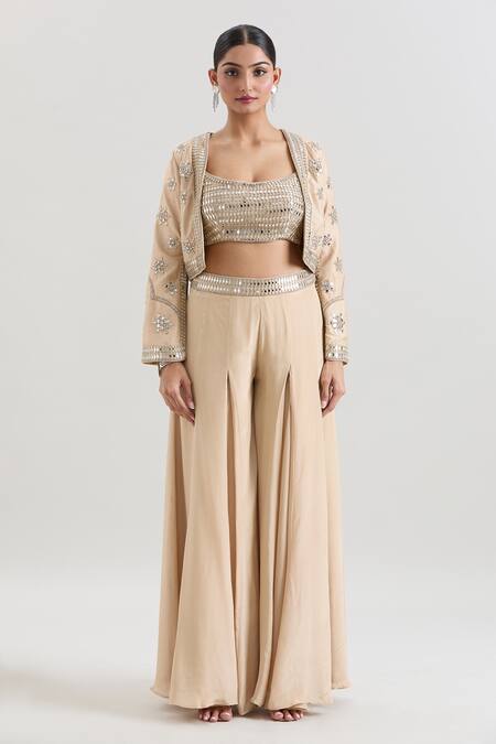 Shop_Basanti - Kapde Aur Koffee_Beige Silk Mirrors Scoop , Round Embroidered Cropped Jacket Sharara Set_Online_at_Aza_Fashions