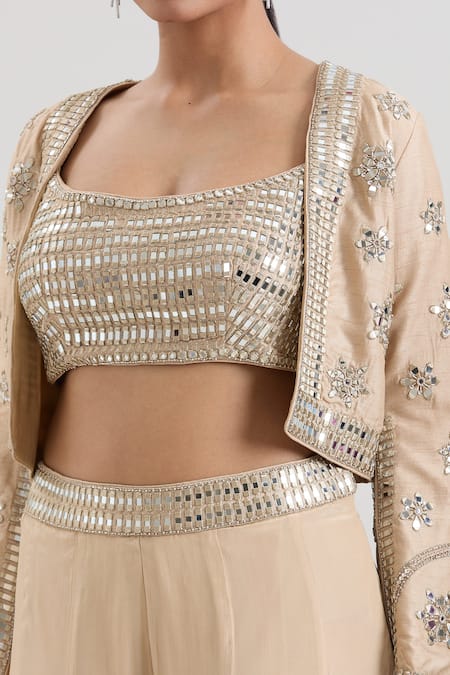 Buy_Basanti - Kapde Aur Koffee_Beige Silk Mirrors Scoop , Round Embroidered Cropped Jacket Sharara Set