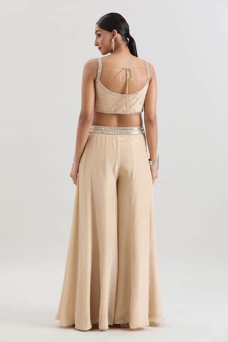 Shop_Basanti - Kapde Aur Koffee_Beige Silk Mirrors Scoop , Round Embroidered Cropped Jacket Sharara Set