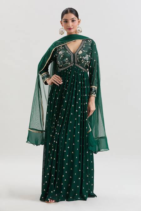 Buy Basanti - Kapde Aur Koffee Green Georgette Sequins, Zari, Cut Work Floral Embroidered Anarkali With Dupatta Online at Aza Fashions Buy_Basanti - Kapde Aur Koffee_Green Georgette Sequins, Zari, Cut Work Floral Embroidered Anarkali With Dupatta_Online_at_Aza_Fashions