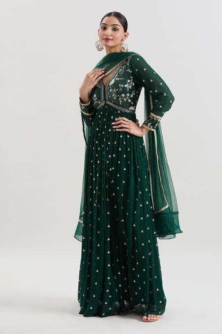 Shop Basanti - Kapde Aur Koffee Green Georgette Sequins, Zari, Cut Work Floral Embroidered Anarkali With Dupatta Online at Aza Fashions Shop_Basanti - Kapde Aur Koffee_Green Georgette Sequins, Zari, Cut Work Floral Embroidered Anarkali With Dupatta_Online_at_Aza_Fashions