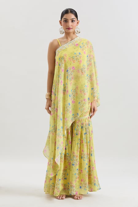 Shop Basanti - Kapde Aur Koffee X AZA Yellow Chiffon, Cotton Pearls, Beads Asymmetric Floral Print Cape And Sharara Set Online at Aza Fashions Shop_Basanti - Kapde Aur Koffee X AZA_Yellow Chiffon, Cotton Pearls, Beads Asymmetric Floral Print Cape And Sharara Set _Online_at_Aza_Fashions