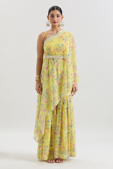 Basanti - Kapde Aur Koffee X AZA Yellow Chiffon, Cotton Pearls, Beads Asymmetric Floral Print Cape And Sharara Set at Aza Fashions Basanti - Kapde Aur Koffee X AZA_Yellow Chiffon, Cotton Pearls, Beads Asymmetric Floral Print Cape And Sharara Set _at_Aza_Fashions