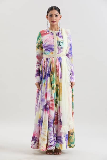 Shop_Basanti - Kapde Aur Koffee X AZA_Multi Color Crepe, Chiffon Cut Work, Abstract Floral Print Anarkali With Dupatta _Online_at_Aza_Fashions