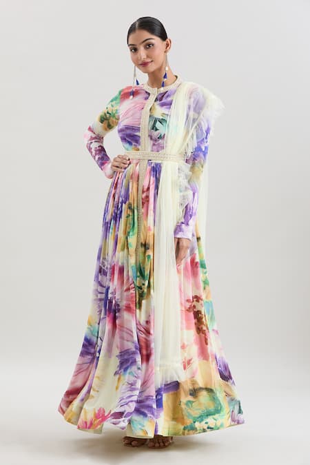 Basanti - Kapde Aur Koffee X AZA_Multi Color Crepe, Chiffon Cut Work, Abstract Floral Print Anarkali With Dupatta _at_Aza_Fashions