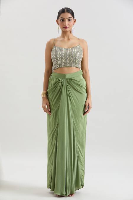 Buy_Basanti - Kapde Aur Koffee_Green Chiffon Sequins, Beads, Cut Work Floral Print Cape And Draped Skirt Set_Online_at_Aza_Fashions