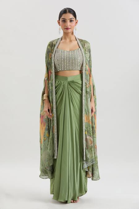 Shop_Basanti - Kapde Aur Koffee_Green Chiffon Sequins, Beads, Cut Work Floral Print Cape And Draped Skirt Set_Online_at_Aza_Fashions