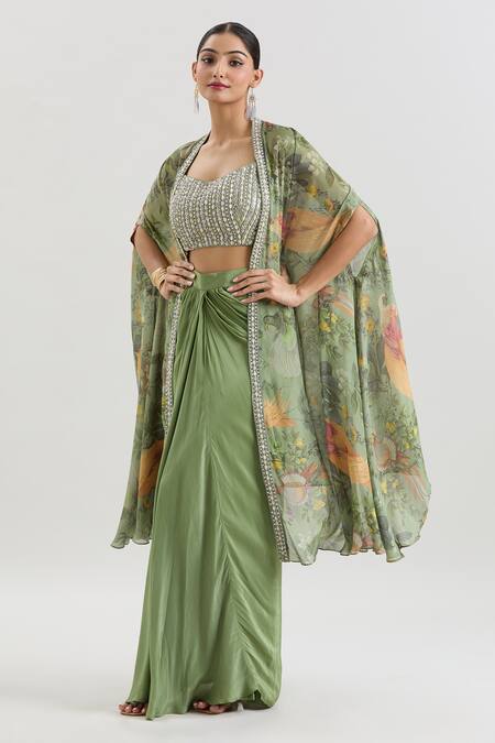 Basanti - Kapde Aur Koffee_Green Chiffon Sequins, Beads, Cut Work Floral Print Cape And Draped Skirt Set_at_Aza_Fashions