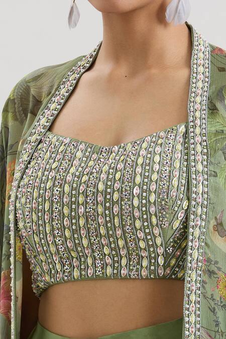 Buy_Basanti - Kapde Aur Koffee_Green Chiffon Sequins, Beads, Cut Work Floral Print Cape And Draped Skirt Set