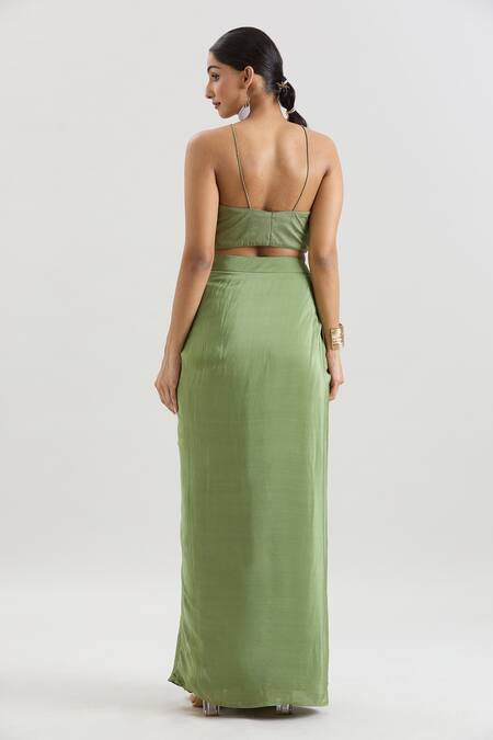 Shop_Basanti - Kapde Aur Koffee_Green Chiffon Sequins, Beads, Cut Work Floral Print Cape And Draped Skirt Set