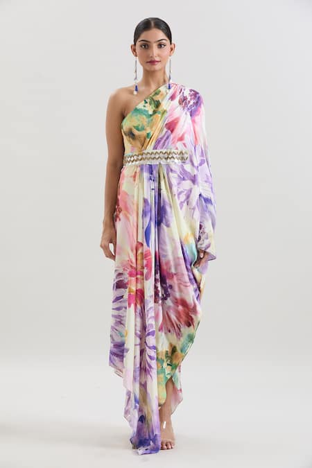 Buy_Basanti - Kapde Aur Koffee X AZA_Multi Color Crepe Embroidery One Shoulder Abstract Floral Print Kaftan _Online_at_Aza_Fashions
