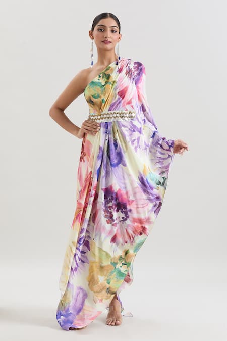 Basanti - Kapde Aur Koffee X AZA_Multi Color Crepe Embroidery One Shoulder Abstract Floral Print Kaftan _at_Aza_Fashions