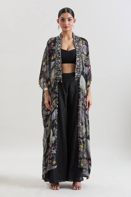 Shop Basanti - Kapde Aur Koffee Black Chiffon Sequins, Beads Sweetheart Neck Floral Print Cape And Sharara Set Online at Aza Fashions Shop_Basanti - Kapde Aur Koffee_Black Chiffon Sequins, Beads Sweetheart Neck Floral Print Cape And Sharara Set_Online_at_Aza_Fashions