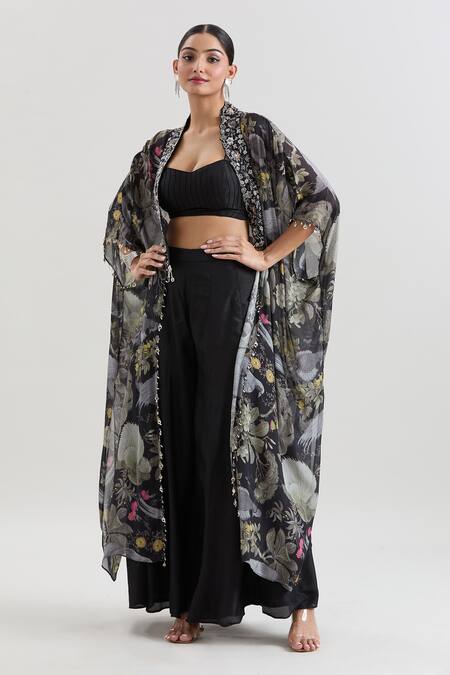 Basanti - Kapde Aur Koffee Black Chiffon Sequins, Beads Sweetheart Neck Floral Print Cape And Sharara Set at Aza Fashions Basanti - Kapde Aur Koffee_Black Chiffon Sequins, Beads Sweetheart Neck Floral Print Cape And Sharara Set_at_Aza_Fashions