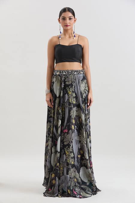 Basanti - Kapde Aur Koffee_Black Crepe Beads, Sequins, Embroidery Floral Print Skirt And Kaftan Top Set_Online_at_Aza_Fashions