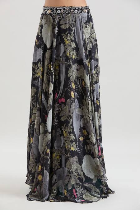 Buy_Basanti - Kapde Aur Koffee_Black Crepe Beads, Sequins, Embroidery Floral Print Skirt And Kaftan Top Set_Online_at_Aza_Fashions