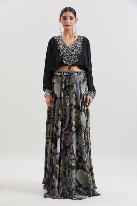 Shop_Basanti - Kapde Aur Koffee_Black Crepe Beads, Sequins, Embroidery Floral Print Skirt And Kaftan Top Set_Online_at_Aza_Fashions