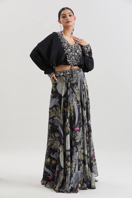Basanti - Kapde Aur Koffee_Black Crepe Beads, Sequins, Embroidery Floral Print Skirt And Kaftan Top Set_at_Aza_Fashions